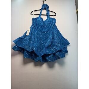 Women 20 Blue Sequin Short Feminine Lace Up Back Tie Neck Fluffy Ruffles Party